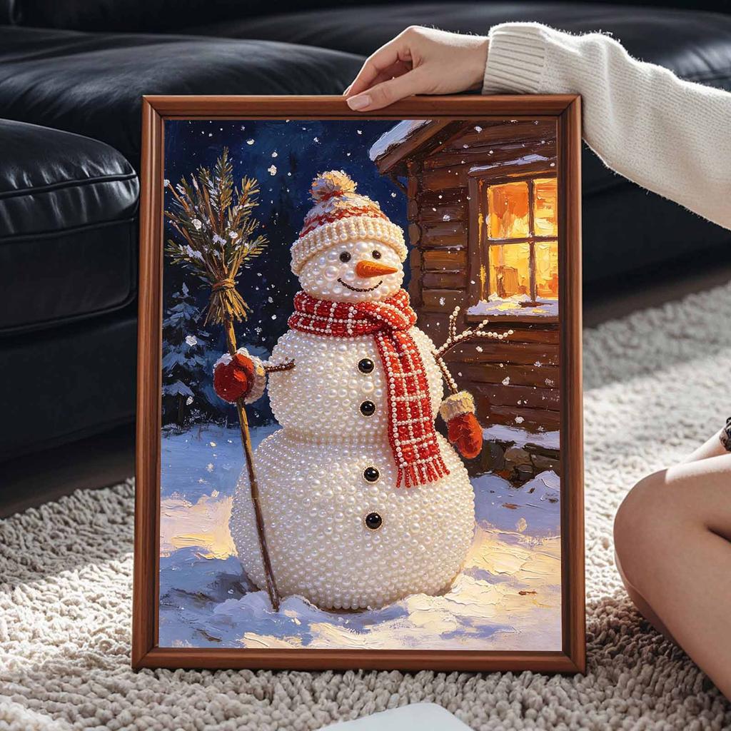 Framed Pearl Painting Kit Winter Snowman Design 3D Shiny Bead Art Canvas Relaxing Handmade Craft Gift for Adults Christmas Home Decor Project