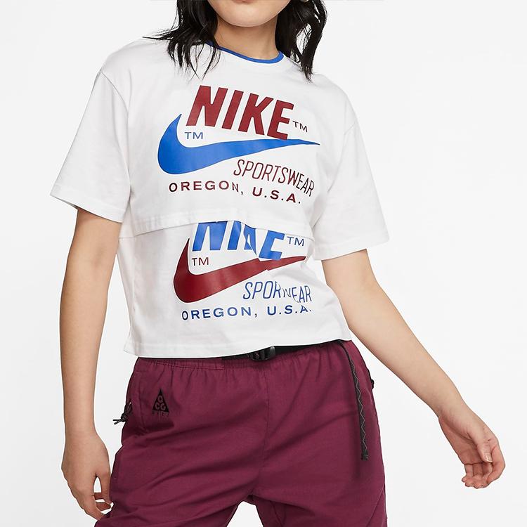 Nike T-shirt a maniche corte Patchwork Doppio Logo Donna Top Bianco CJ2040-100