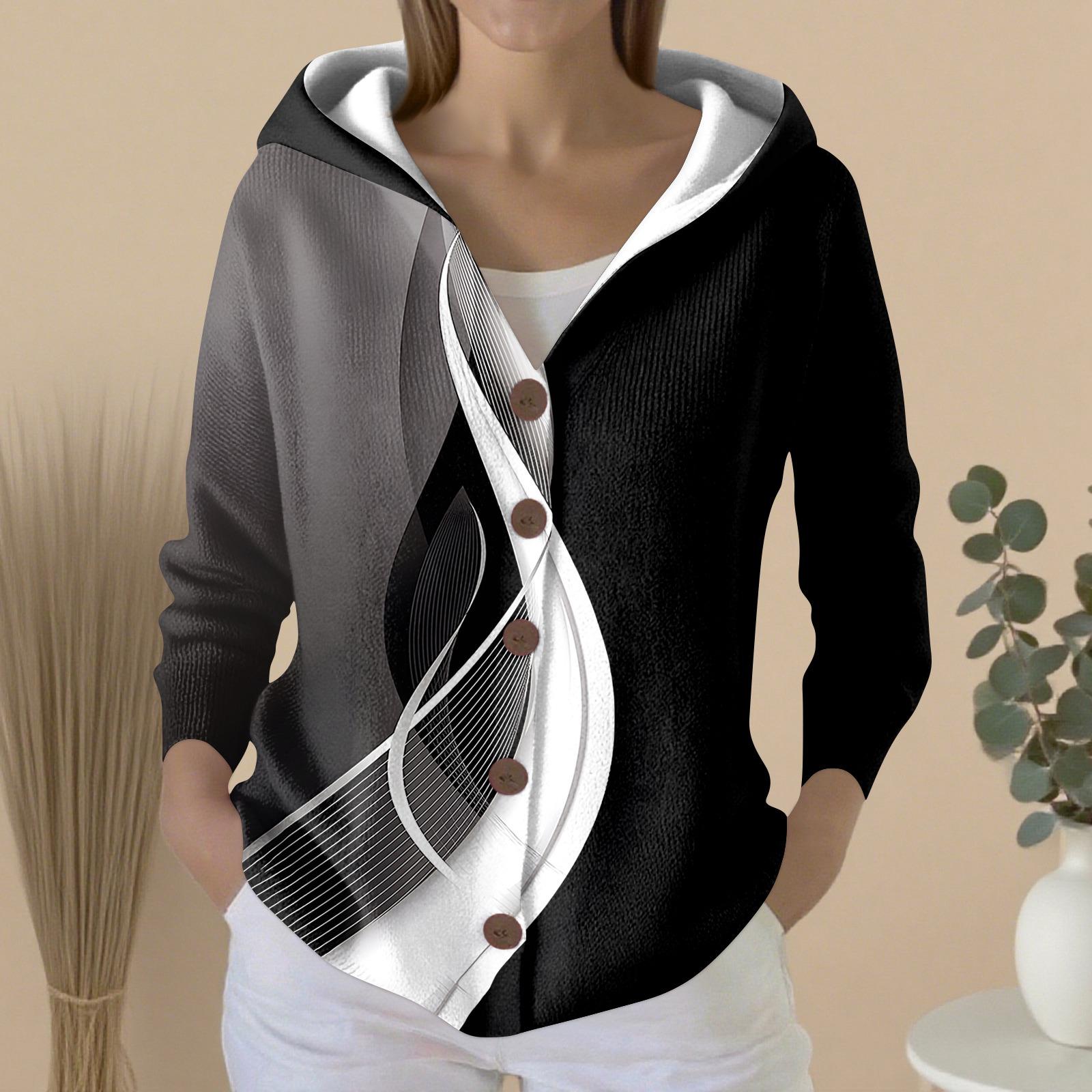 

Жіночий Модний Повсякденний Светр на Ґудзиках з Принтом Кардиган Куртка з Капюшоном XXL чорний