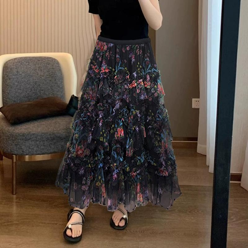 

Summer Women Sweet Print Beading Ruffles Mesh Tulle Cake Long Maxi Holiday Chic Skirt One Size чёрный