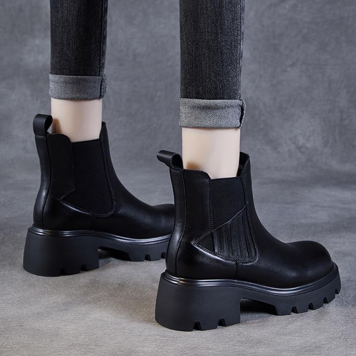 6CM 2025 Nowe Botki ze Skóry Naturalnej Damskie Kwadratowy Obcas Platforma Botki Chelsea Jesień Zima Botki Kostkę Damskie Buty