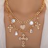 Retro Double Layer Heart Cross Pendant & Faux Pearl Necklace for Women