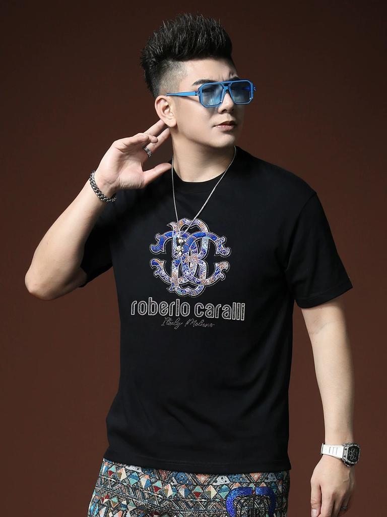 European Summer New Fashion Brand Casual Round Neck Short-Sleeve T-Shirt Men's Stylish Letter Rhinestone Short-Sleeve T-Shirt