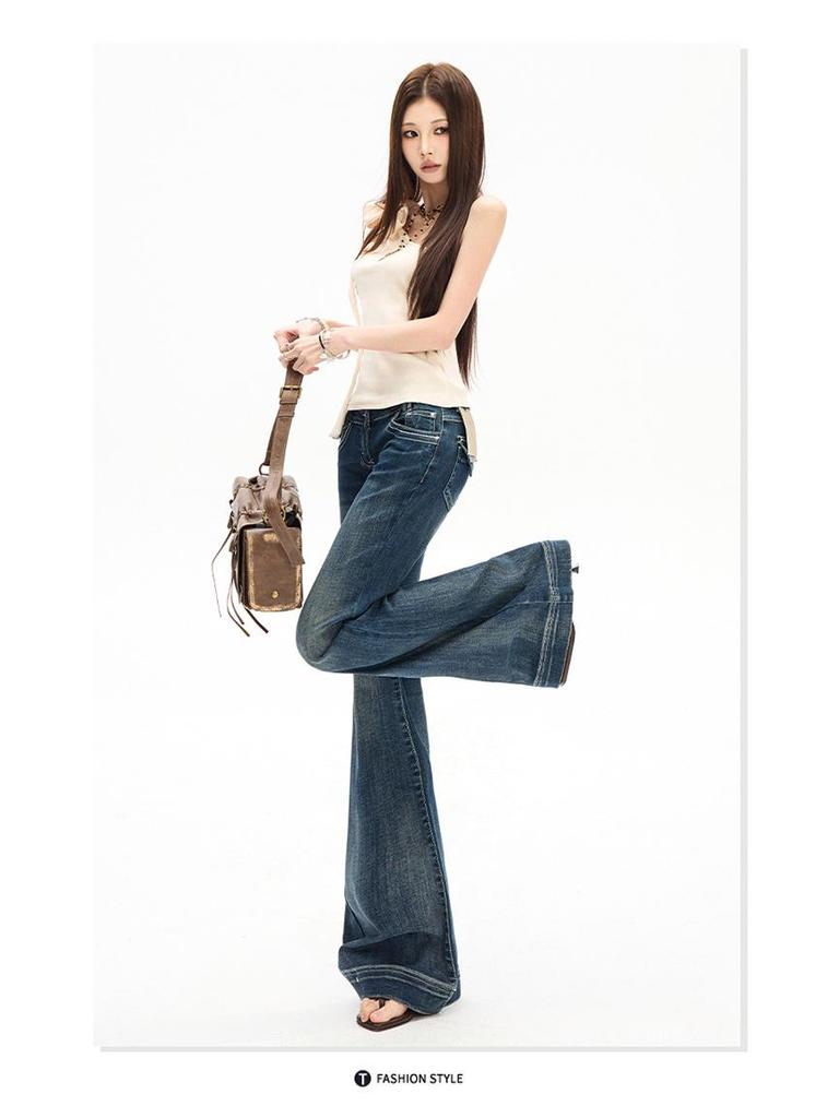 Yi Mengling Retro Washed Women's Micro-Flare Jeans - 2026 Spring Collection, High Elasticity Slim Fit.