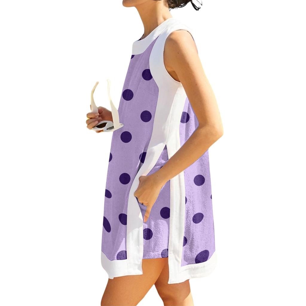 Women Sleeveless Long Tunic Top with Polka Dot Print Side Slits Casual Loose Fit Summer Vacation Beachwear