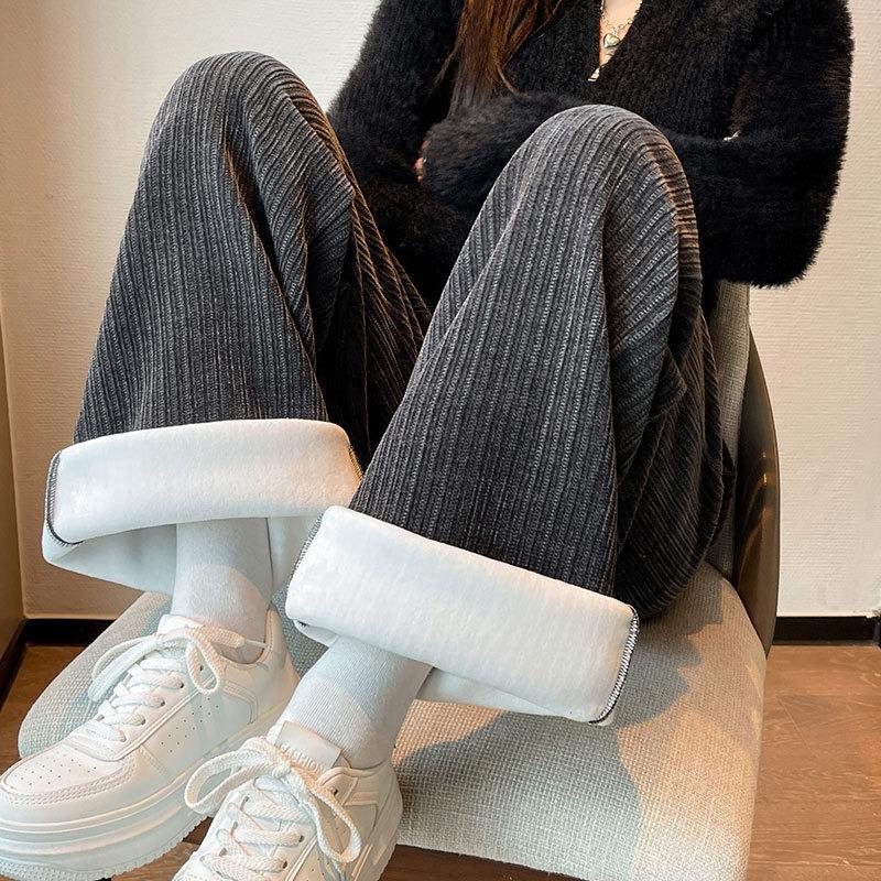 Off-white chenille wide-leg pants women's new autumn and winter fleece windproof pants winter casual corduroy pants