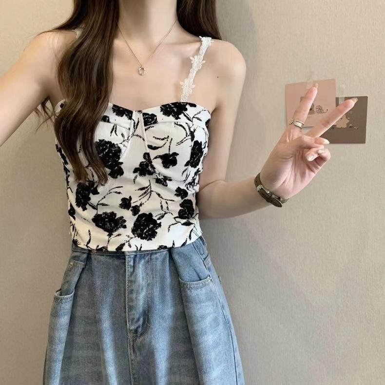 Floral Tank Top Halter Crop Tops Women Summer Camis Chest Pad Camisole Fashion Casual Tube Female Sleeveless Cropped Vest