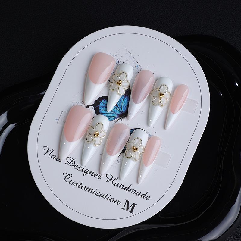 European & American Handmade Gradient Nude French Style 3D Carved Luxury Nails