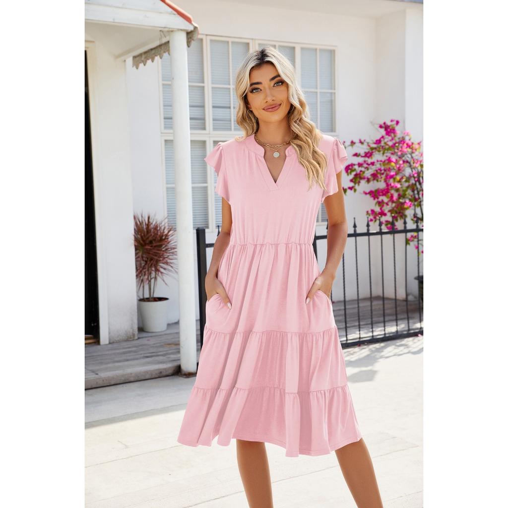 Spring Summer New Solid Color V-neck Loose Short Sleeve Waist-tucked Patchwork Dress for Amazon Cross-border Trade Women