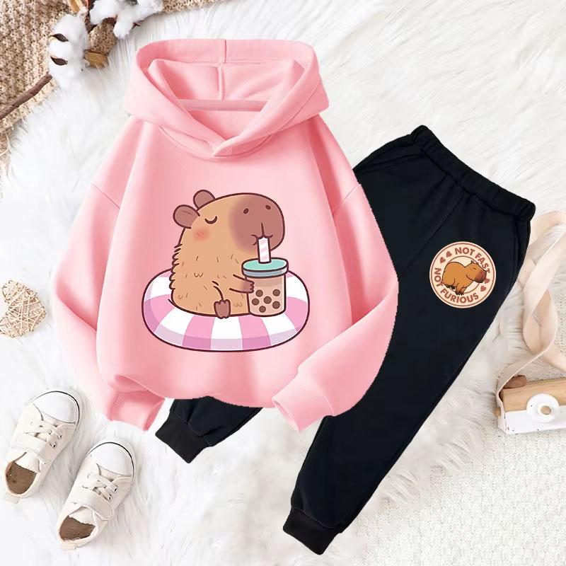 Capybara Print Children Hoodie Sets Girls Boys Autumn Winter Casual Fashion Cute Funny Fleece Long Sleeve Hoodies and Long Pants