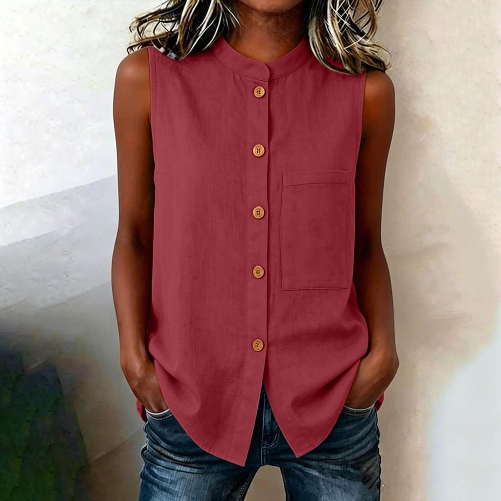 Women's Stand Collar Sleeveless Blouse, Button Pocket Casual Top, Lightweight Summer Shirt