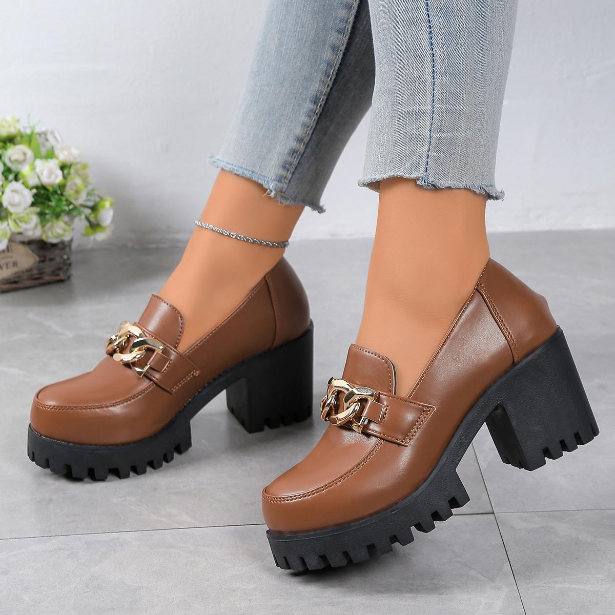 

Модные женские лоферы 2026 года Весна-Осень, новые, с массивным каблуком, с открытым пальцем, с круглым носком, на толстой подошве, универсальные 35 коричневый