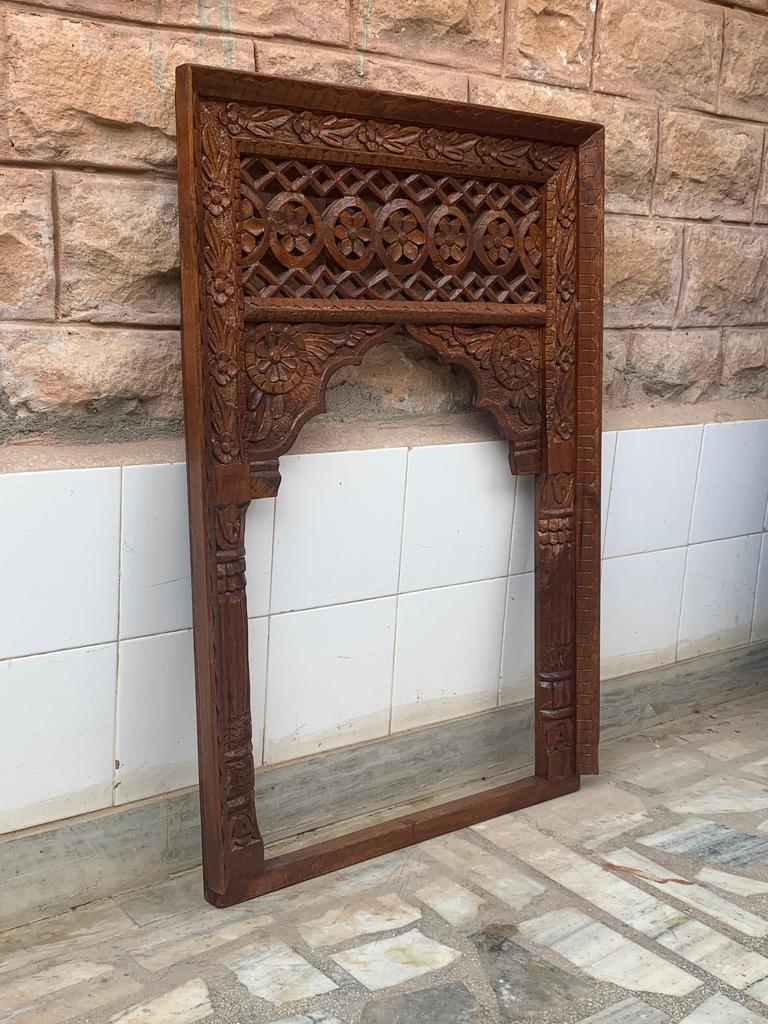Hand Carved Mango Wood Window Frame: Antique Floral Wall Decor
