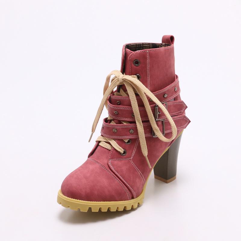 Front lace-up large-size women's boots, belt buckle, short boots, high-heeled rivet boots, long-term supply
