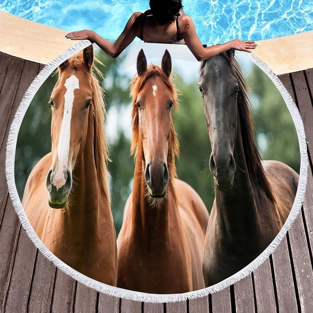 Horse Round Beach Towel,Wild Horse Beach Blanket Shawl Soft Microfiber Cowboys Western Farmhouse Rustic Theme Towel For Picnic