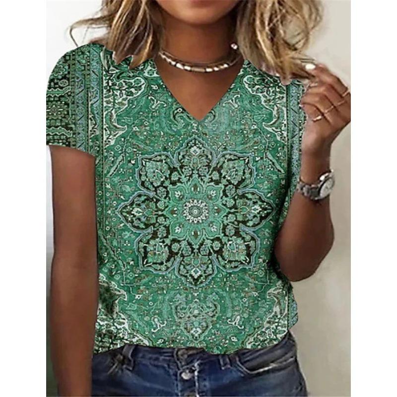 Women V Neck Floral Print Lace Patchwork Short Sleeve Casual T Shirt