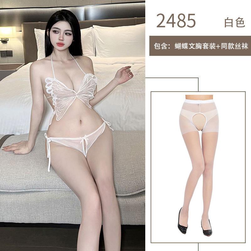 Sexy Lingerie Set Three-point Perspective Mesh Belly Pocket Nightclub Bow Lace-up Bra Temptation