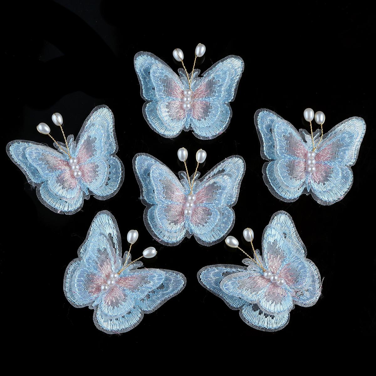 6pcs Double Layer Pearl Mesh Lace Butterfly Patches For Clothes Sewing Supplies DIY Hair Clip Accessories Butterfly Appliques синий