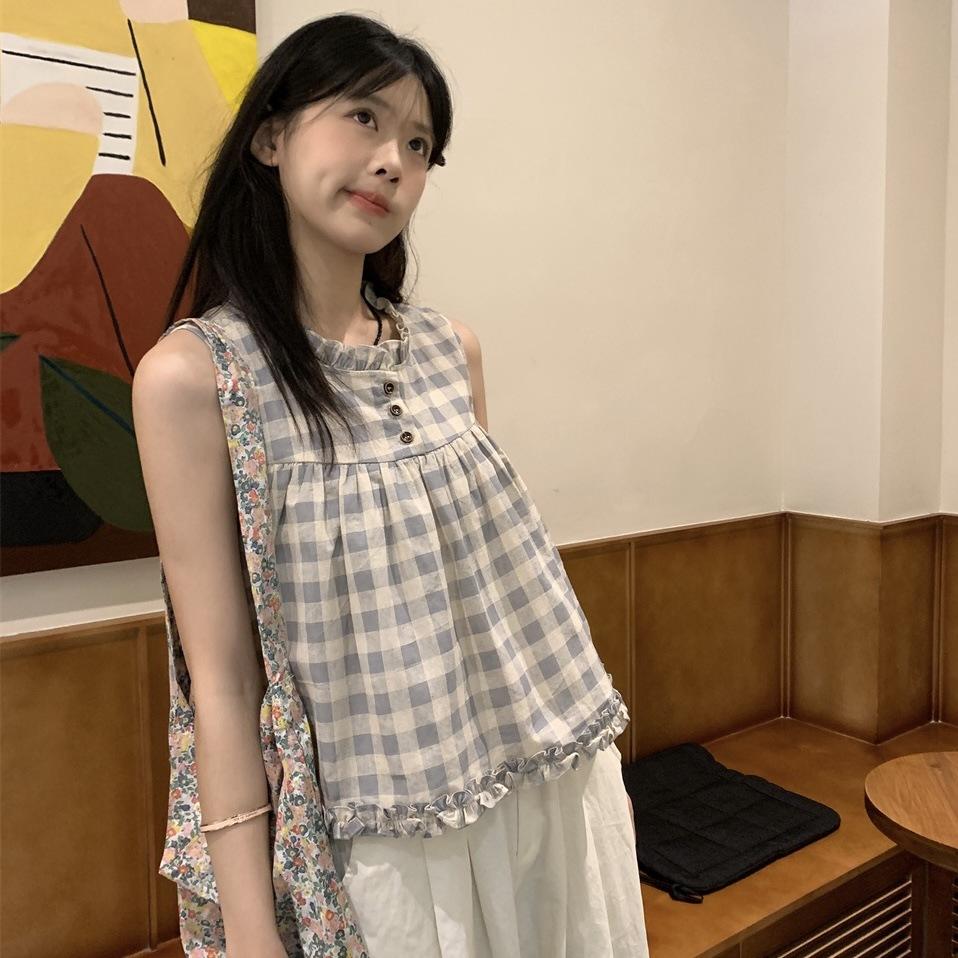 Korean fungus edge plaid sleeveless shirt women's summer new sweet wind loose casual age-reducing design top