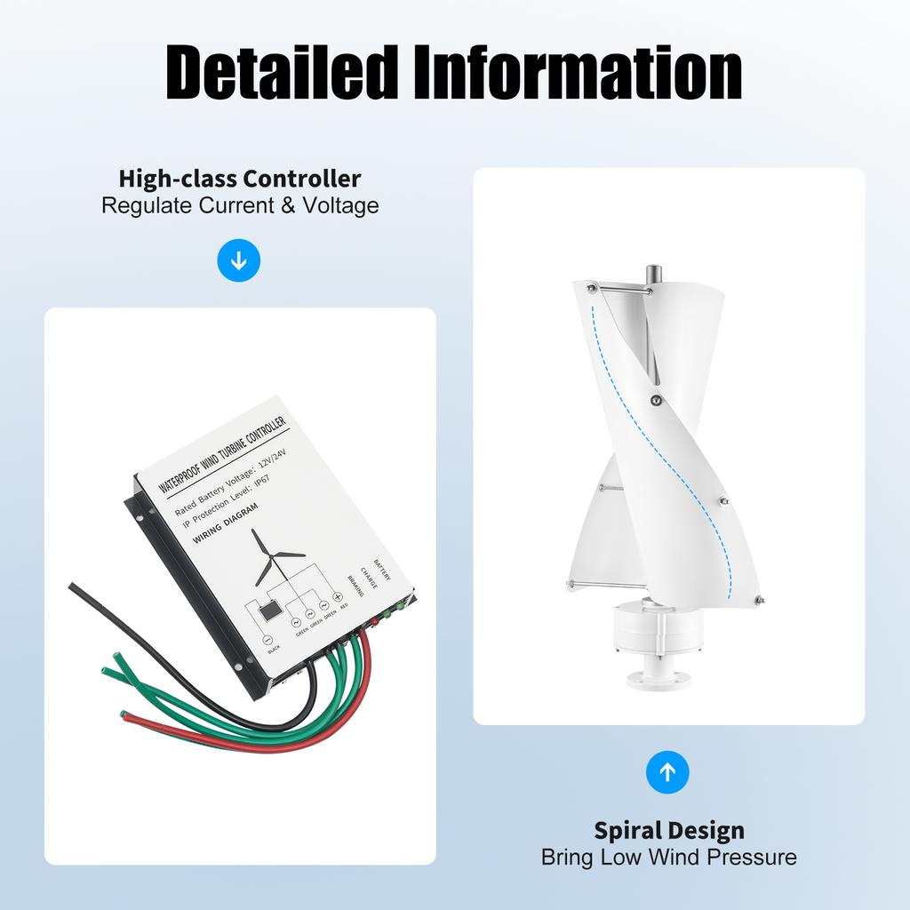 100W Vertical Axis Wind Turbine Generator 12V/24V Helical Blade for Home Boat Cabin Off-Grid Power Supply Low Noise