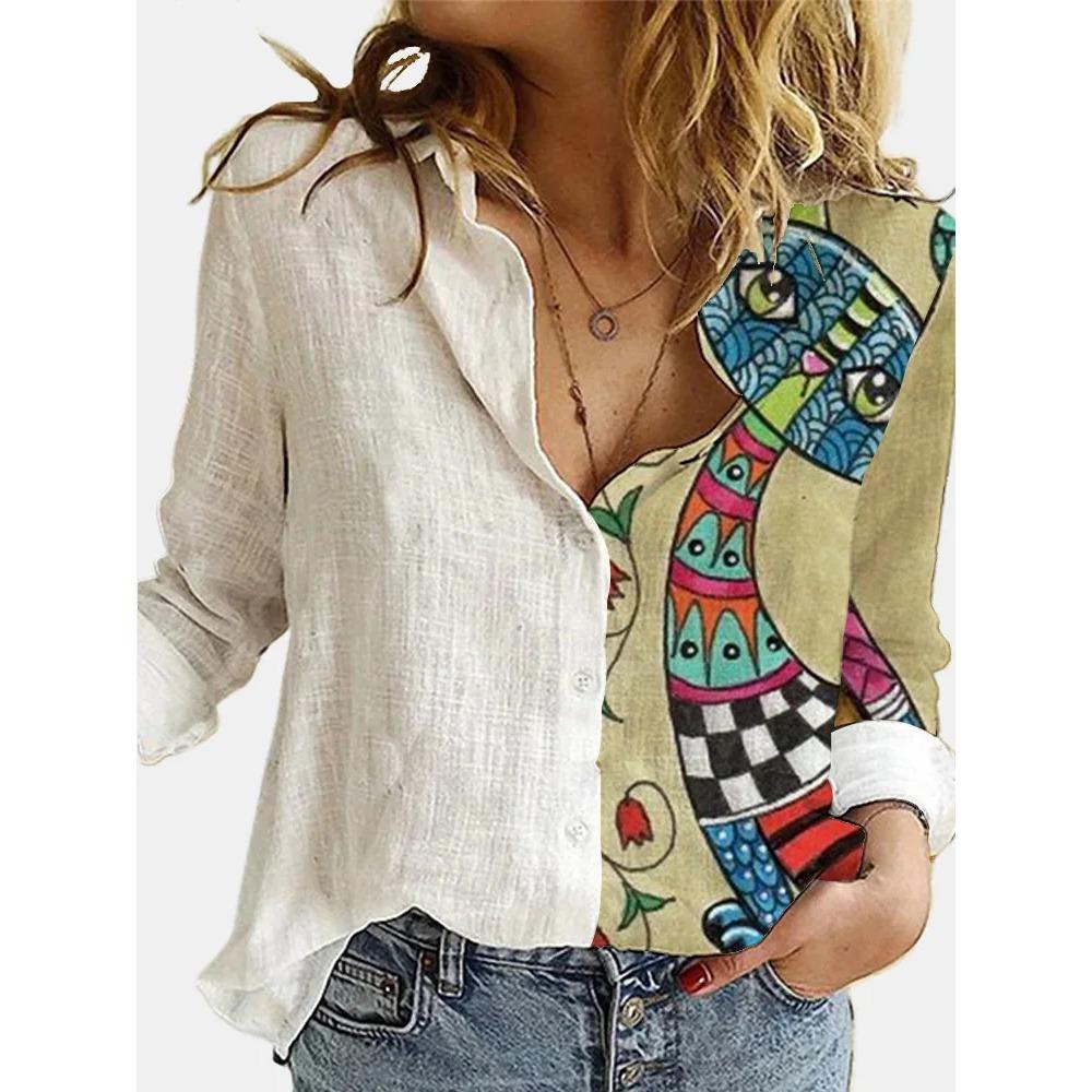 Fashion Stitching Retro Face Print Long Sleeve Blouse Women Lapel Button Casual Top Lady Shirts