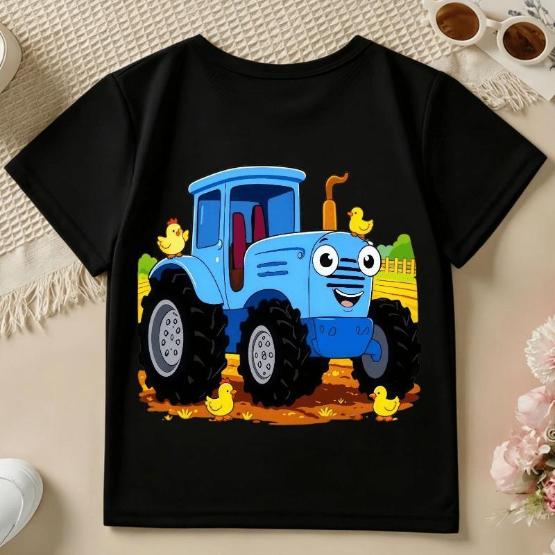 Boys' Short-Sleeve Spring/Summer/Autumn Cartoon Blue Tractor and Farm Chick Cute Print Children's Crew Neck Top