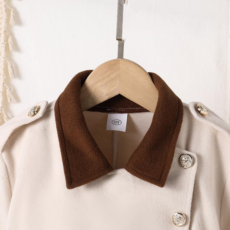 2025 Autumn/Winter Girls' Woolen Coat: Color Block, Single-Breasted, Waist-Cinched, Long-Sleeved for Medium & Large Kids