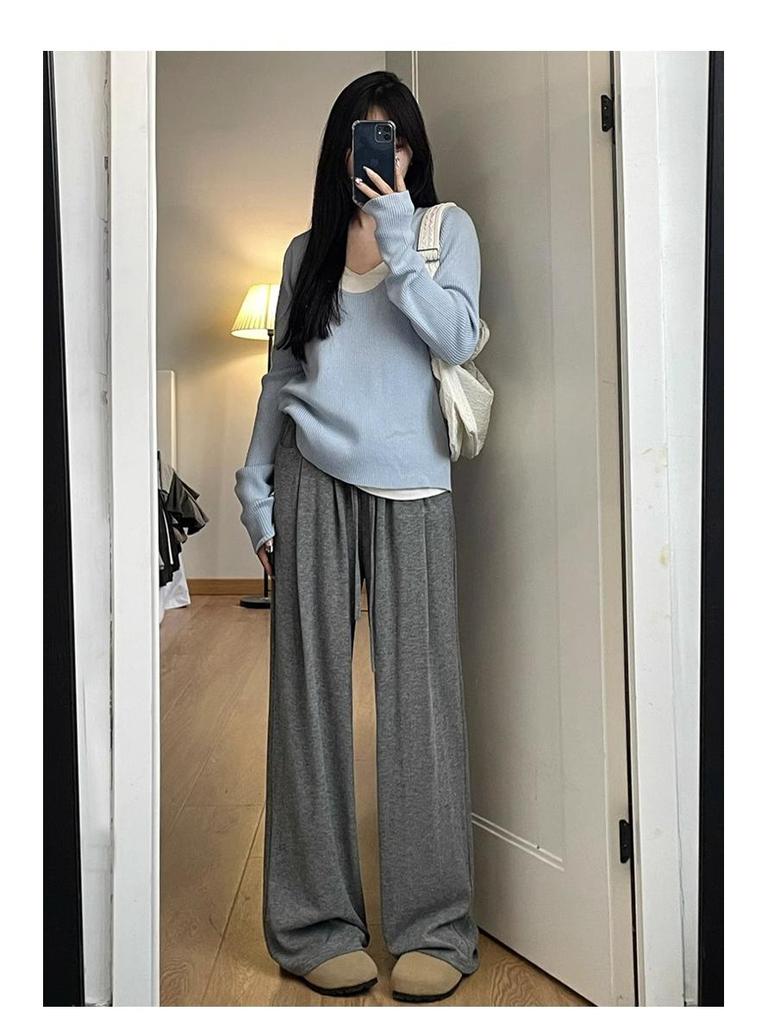 Petite 145 Women's High Waist Wide Leg Knit Pants - Spring/Autumn Casual Loose Fit, Straight Leg Glutinous Rice Sweatpants 150.