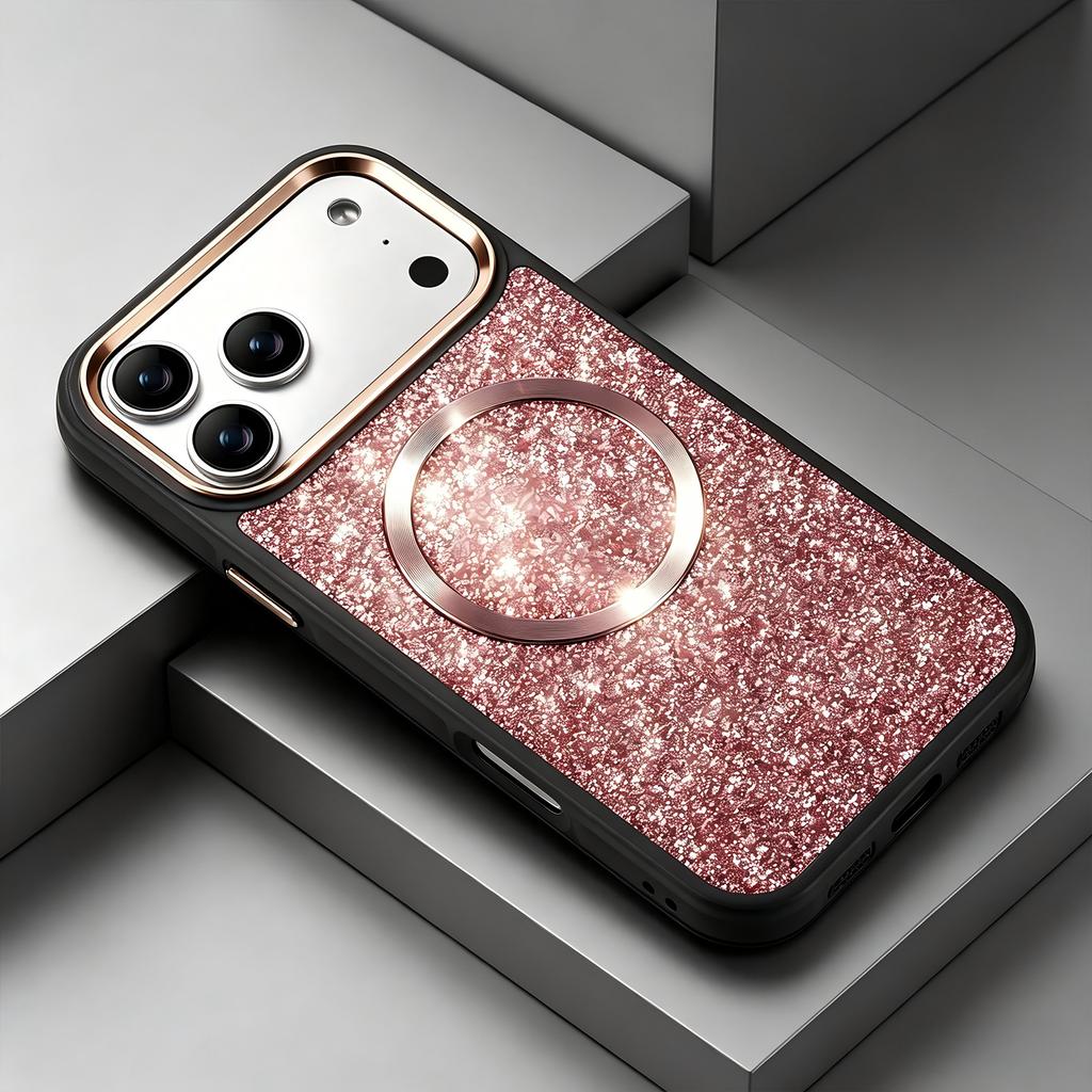 Case for Iphone 17 16 15 14 13 Pro Max Metal Lens Frame Glitter Protective Cover Wireless Charging Magnetic Anti-Fingerprint