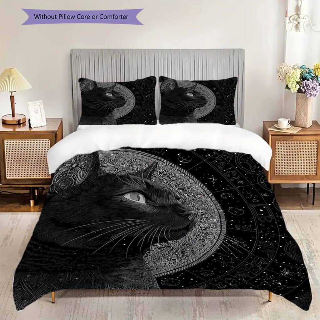 Black Cat Pattern Bedding Quilt Set Quilt Cover Pillowcase Home Decoration Birthday Gift (1 * Duvet Cover + 2 * Pillowcase, Without Core)