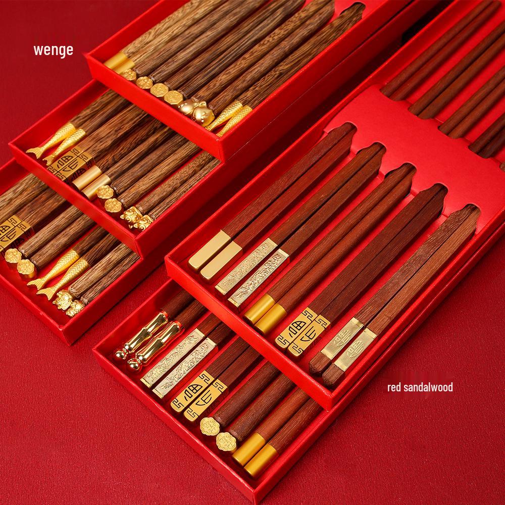 Red Sandalwood Chicken Wing Wood Chopstick Set - Single-Chopstick Gift Box, Paint-Free, Wax-Free, Ideal for New Year Gifts.