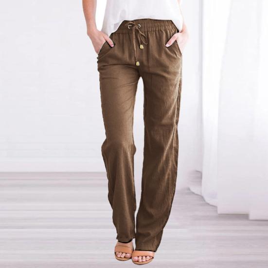 Women Casual Pants Elastic Drawstring Waist Long Pants with Pockets Solid Color Loose Fit Wide Leg Trousers