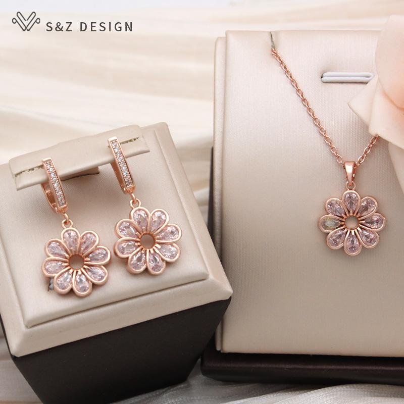 Fashion Elegant Rose Gold Color Flowers Cubic Zirconia Pendant Necklace For Women Romantic Jewelry Gift