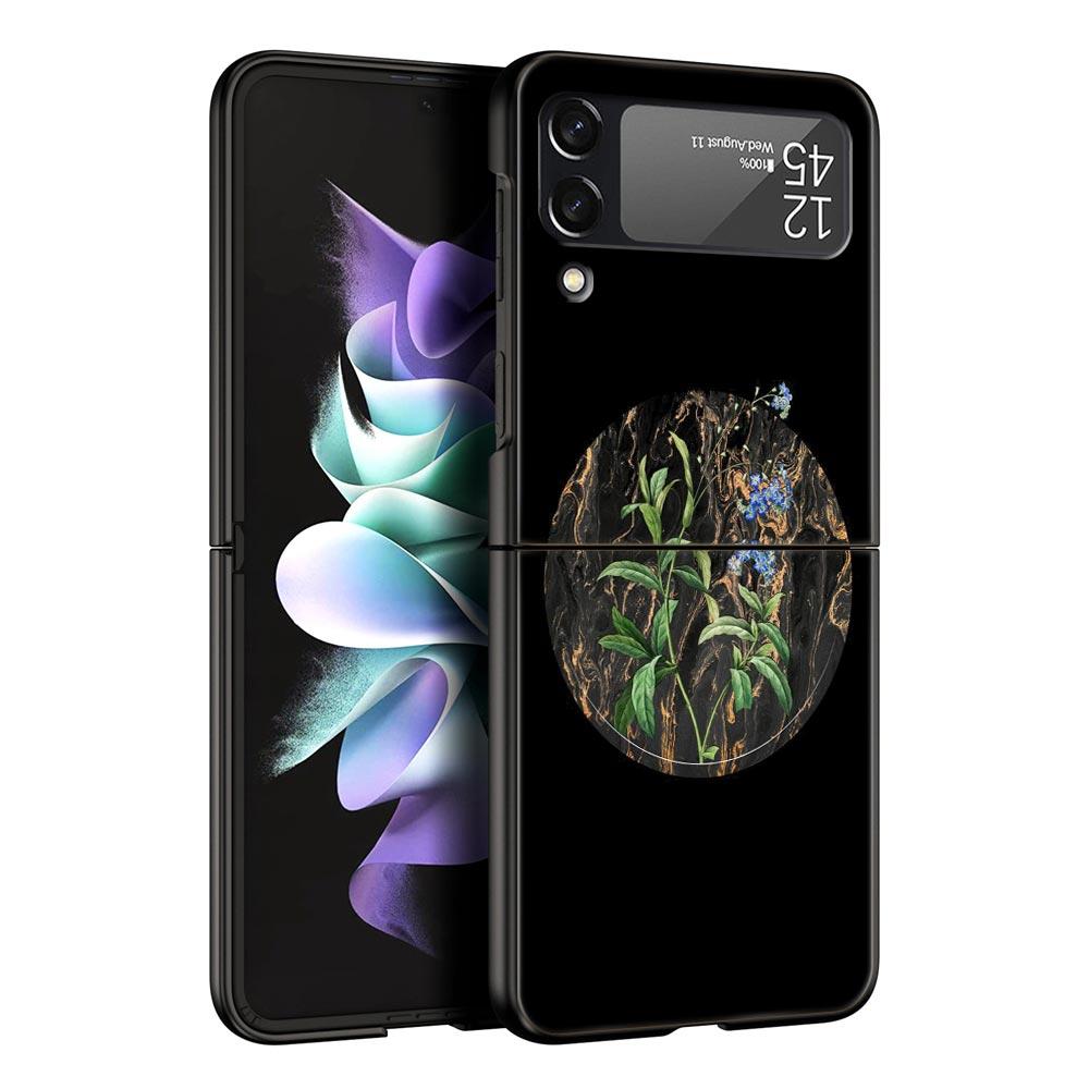 Handyhülle mit Vintage-Blumen-Motiv, botanischer Marmor, für Samsung Galaxy Z Flip 3, 4, 5, schwarze faltbare Handyhülle, harte Schutzhülle