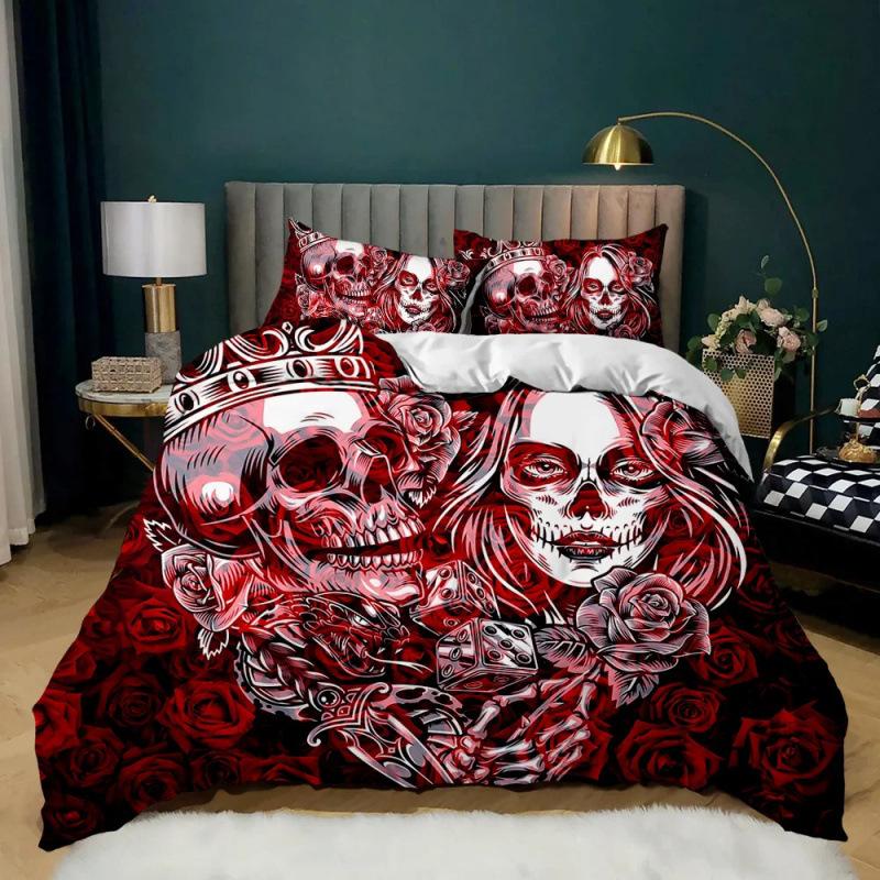 Dark Series Skull Bedding Set Gothic Style Skeleton Duvet Cover Pillowcase Room Decor for Teenagers Adult Halloween Gift
