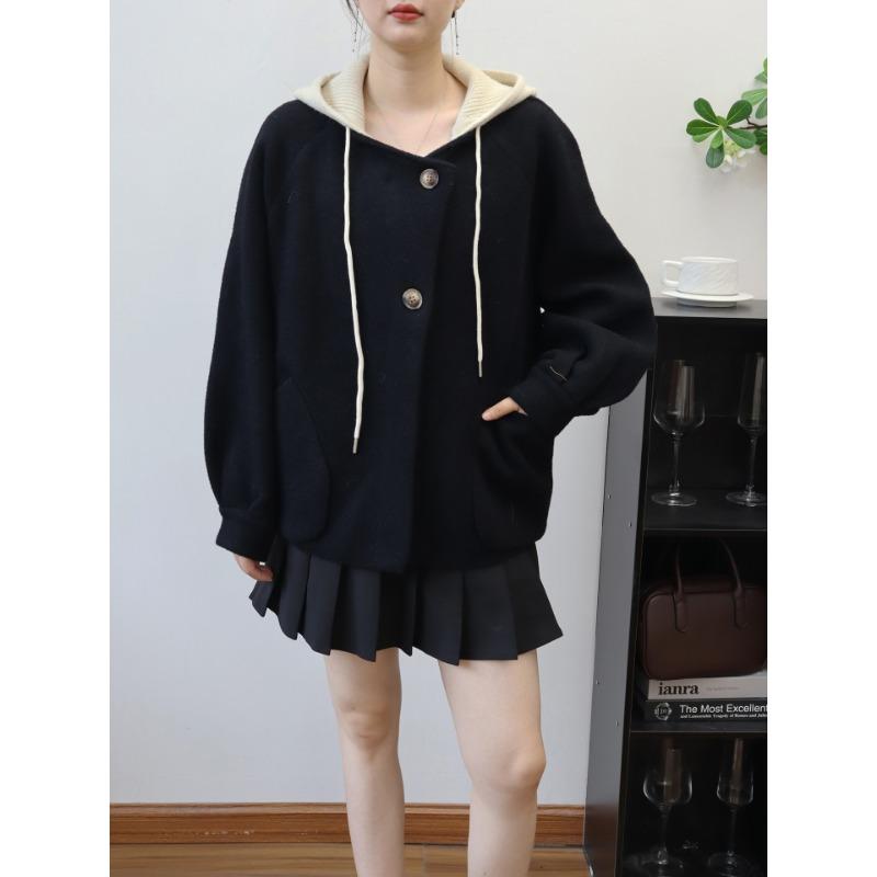 

Осень и зима новый съемный дизайн шляпы вязаный двусторонний кардиган свободный повседневный свитер куртка женская One size чёрный