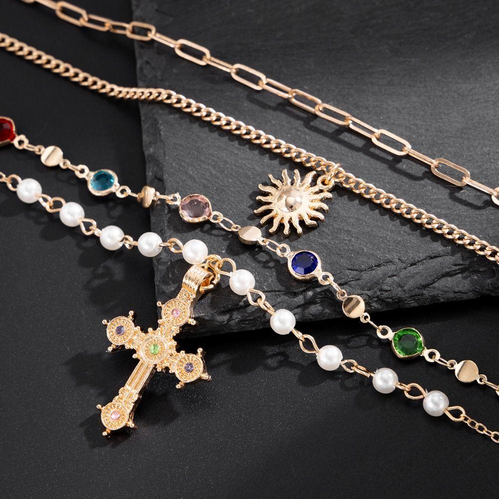 Silver Cross Pendant Necklace Ethnic Style Rhinestone Necklace Creative Love Pearl Necklace  Male