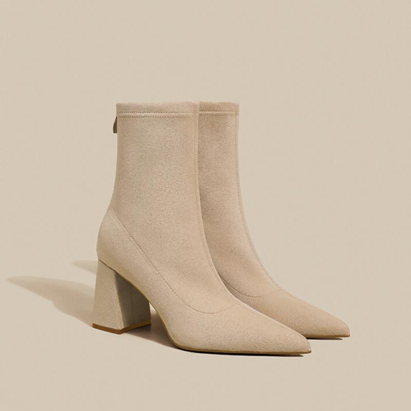 Autumn Pointed Toe Thick Heel Women Stretch Ankle Boots Fashion Elastic Slimming Female Short Booties