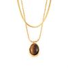 French-Inspired Oval Tiger Eye Pendant Necklace - 18K Gold-Plated Titanium Steel