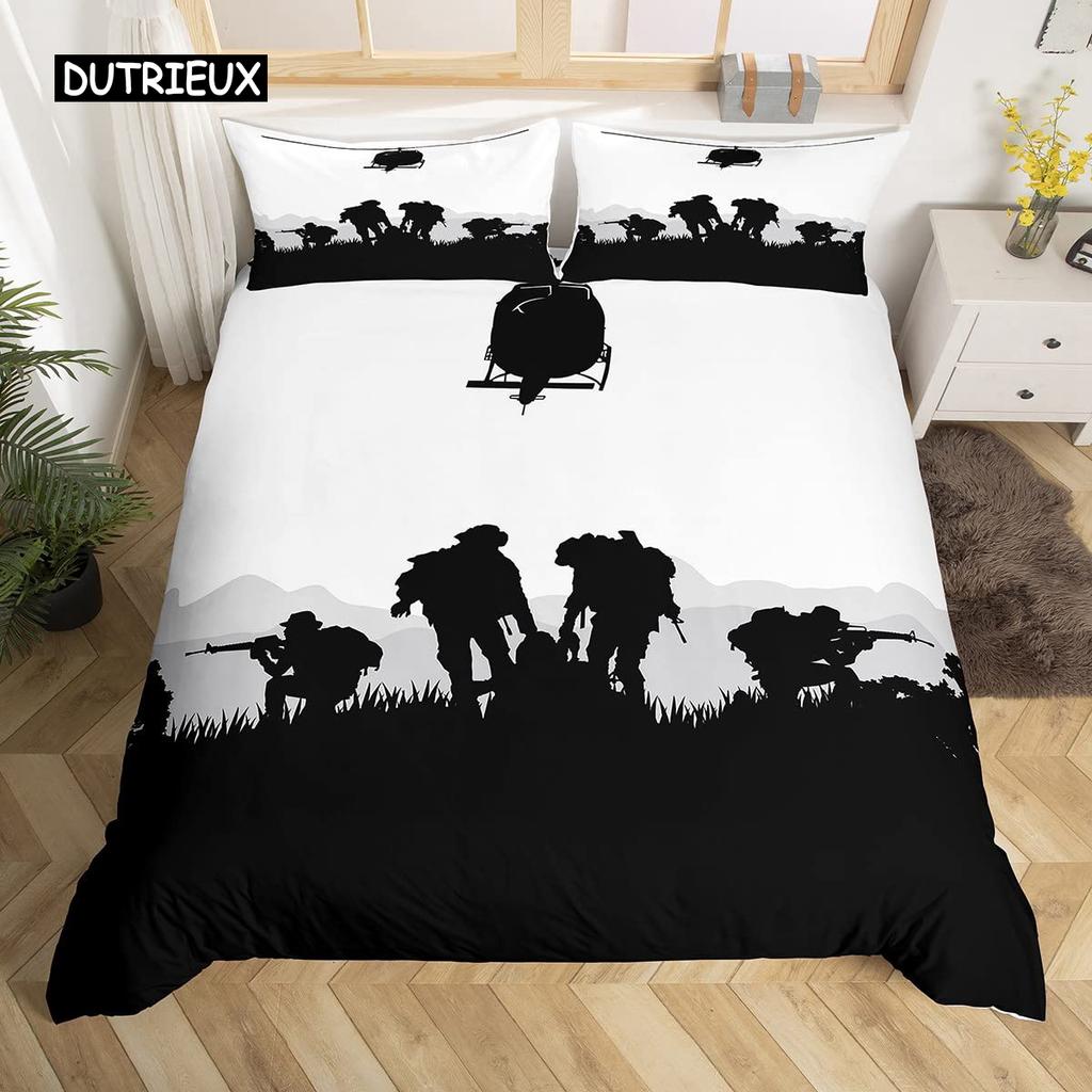 Soldier Duvet Cover Set King Size Soldier Helicopter Silhouette Bedding Set Microfiber 2/3pcs Green Black Military Quilt Cover