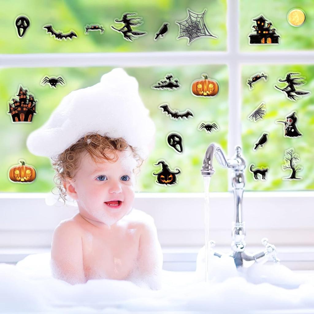 Halloween Thick Gel Clings for Window Glass Miror Decoration Scary Gel Clings Decals for Spooky Hunted House Spider Bat Witch Pumpkin Sticker Party