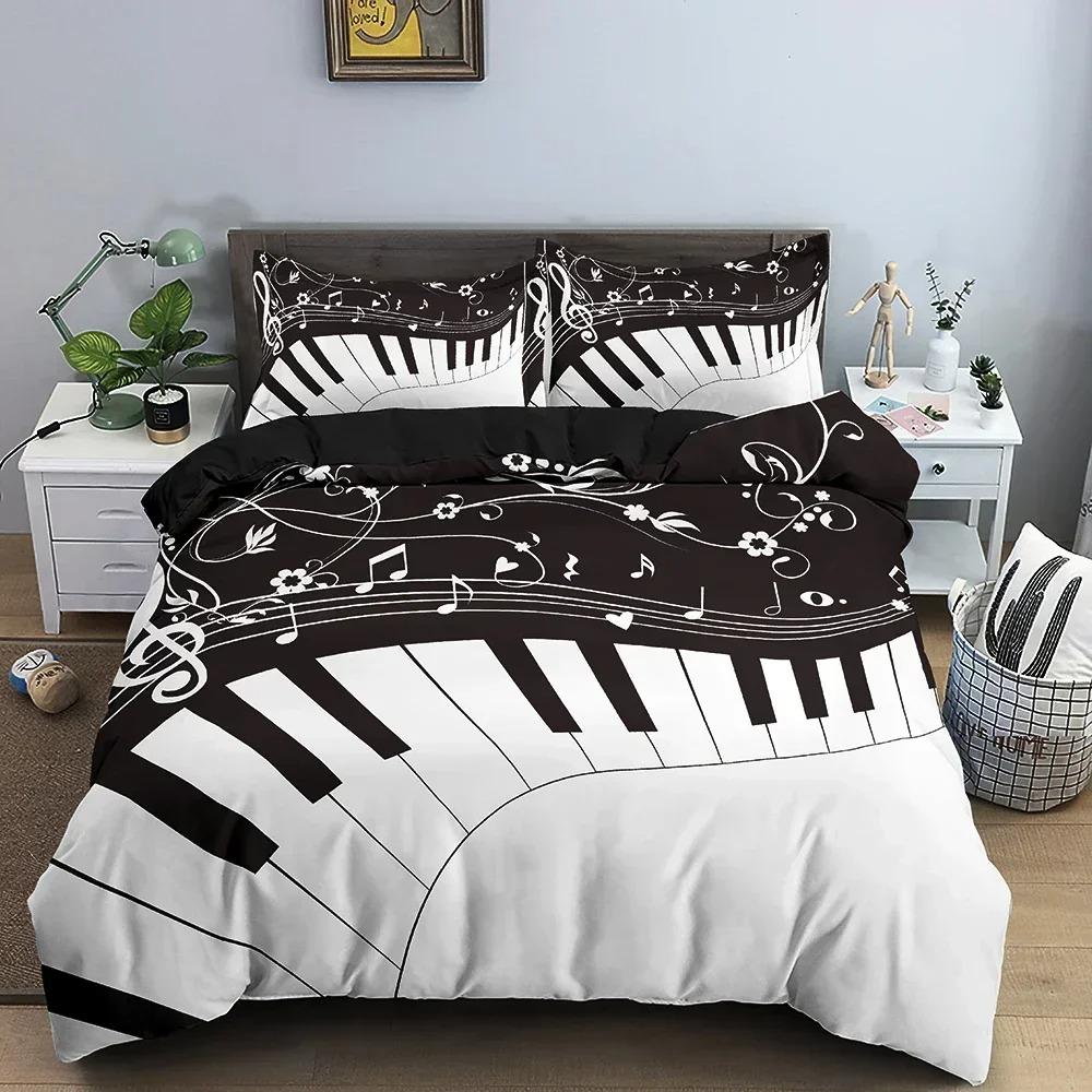 Musik Sängkläder Set Piano Keyboard Musiknot Täcke Queen Size Sänglinne Täcke Mikrofiber Gitarr Polyester Sängklädesset