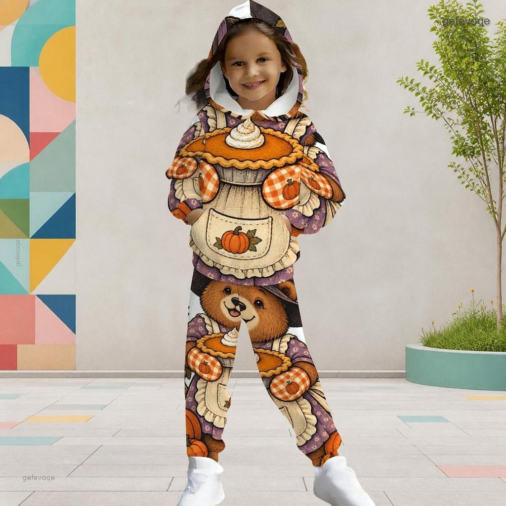 Girls Halloween Cartoon Printed Hooded 2 Piece Outfits Long Sleeve Kangaroo Pocket Top Cuffed Pants