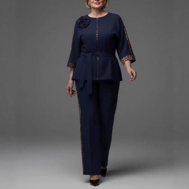 2026 Plus Size Women's Leopard Print Floral Patchwork Set - Elegant European & American Style
