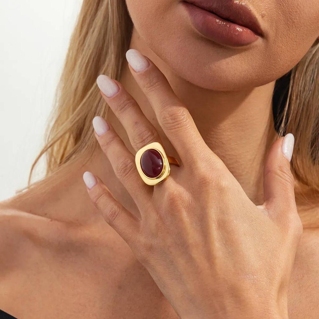 Ingemark Vintage Red Resin Acrylic Oval Open Knuckle Rings Women 2026 New Charm Geometric Metal Joint Ring Party Jewelry Gifts