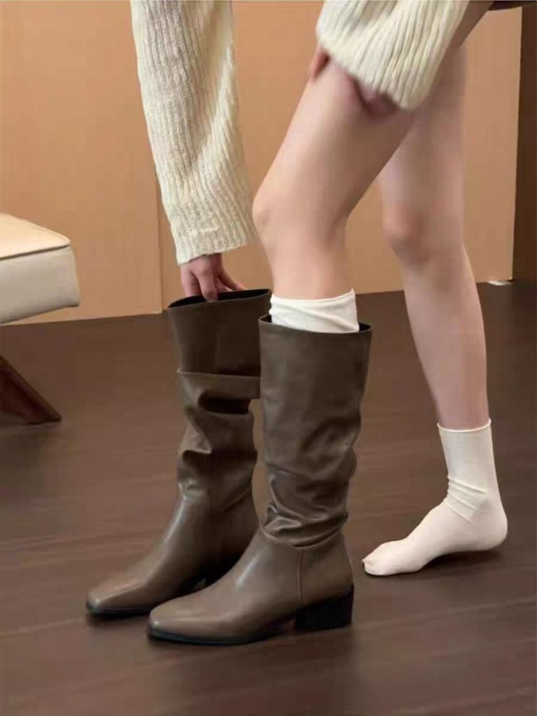 Sheepskin version~ French white pleated stacking boots women's British style thick heel boots temperament but knee knight boots