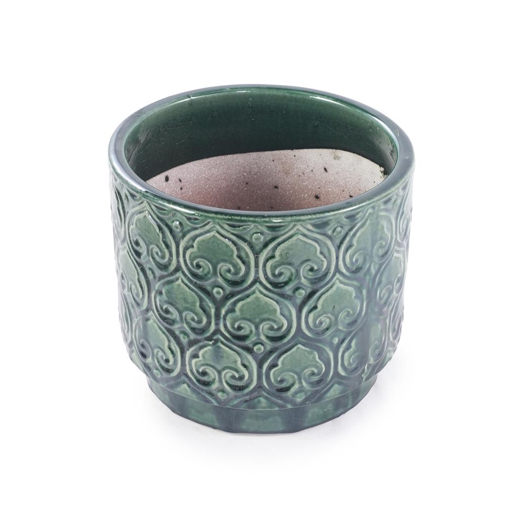 Mini Small Ceramic Plant Pot Ø19 cm, Glossy Rich Green Heart-Ornament Relief, Breathable Drainage Hole for Mini Succulents and Desktop Herbs
