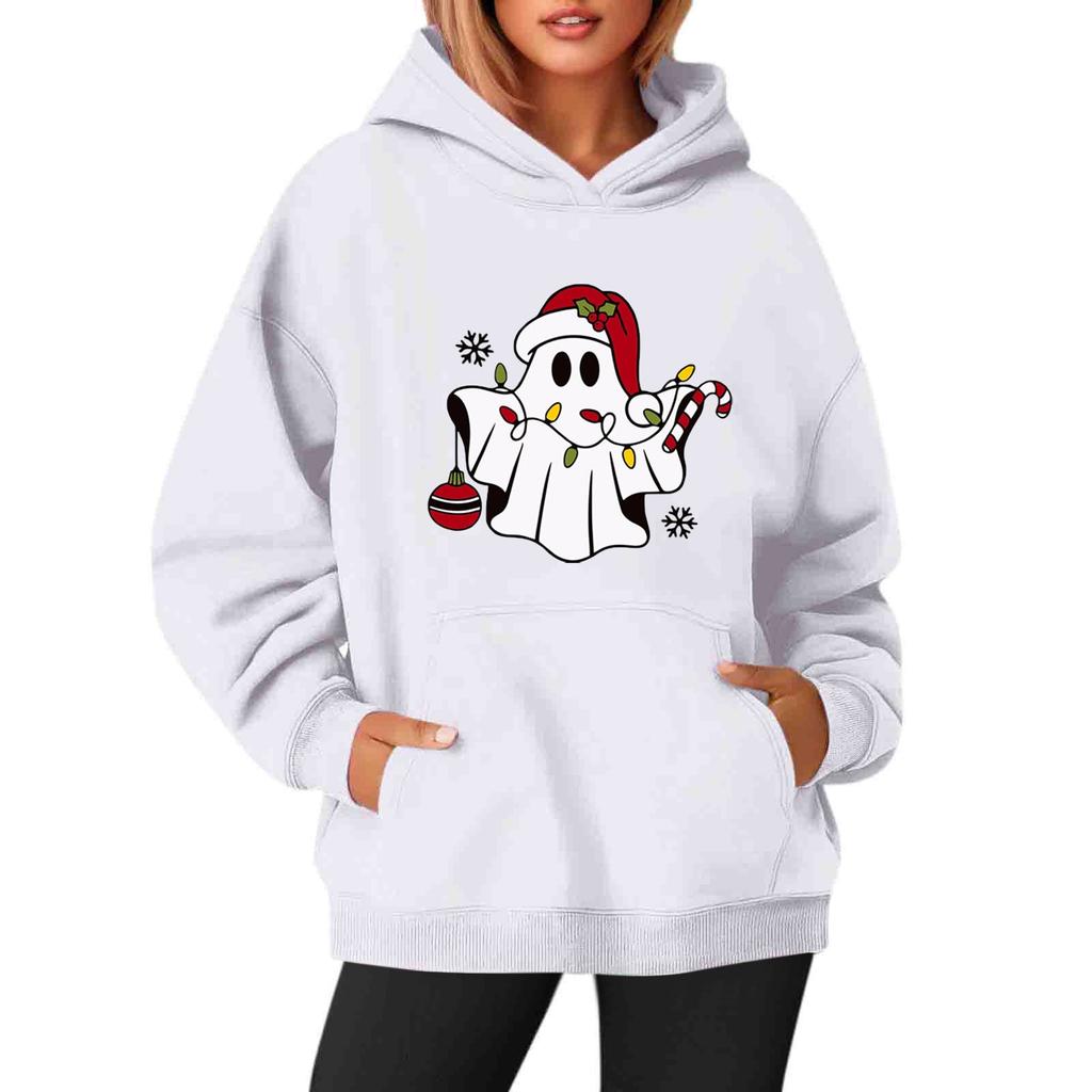 Women's Sweatshirts O-neck Long Sleeve Christmas Printed Top Solid Color Hoodie