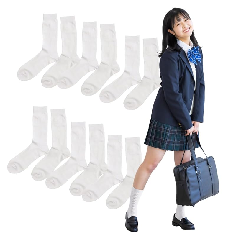 

[PUICK] socks ladies 6 pairs 23-25cm rib school socks crew length middle length For students For school Plain color cotton blend Admission Commuting
