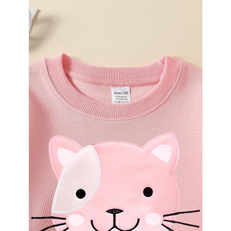 European sizes Pink Cat Face Crewneck Sweatshirt for Kids, Featuring a White Patch. Ideal for Sports And Casual Outings, Soft And Comfy